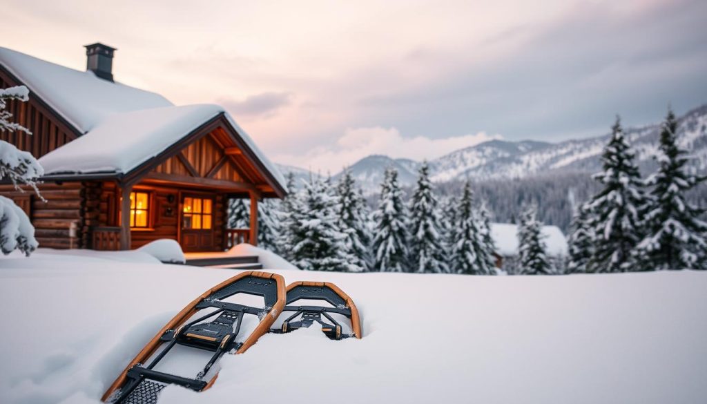 A cozy winter scene in the Carpathian mountains, featuring a traditional wooden cabin nestled among snow-capped peaks. The warm glow of firelight spills out from the windows, creating a inviting atmosphere. In the foreground, a pair of 7fishing snowshoes rests in the pristine snow, hinting at outdoor adventures. The middle ground is dotted with evergreen trees dusted in powdery white, while the distant mountains rise majestically against a pastel sky. An idyllic, serene landscape that evokes the tranquility and beauty of a Carpathian winter retreat.