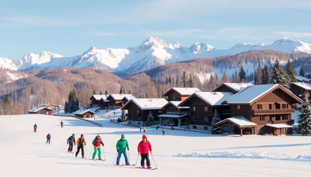 A cozy winter scene in the heart of the Carpathian Mountains, featuring a picturesque Bukovel ski resort. In the foreground, a group of skiers and snowboarders glide down a pristine, snow-covered slope, their colorful gear and equipment creating a vibrant contrast against the crisp, white landscape. In the middle ground, a collection of charming wooden chalets and hotels, their roofs dusted with a layer of fresh snow, exude a sense of rustic elegance. In the background, the majestic Carpathian peaks rise up, their jagged silhouettes cutting across a clear, azure sky. Soft, diffused lighting casts a warm, inviting glow over the entire scene, creating a cozy and picturesque atmosphere perfect for a winter getaway. The image conveys the essence of a Bukovel package deal, where guests can enjoy the full winter resort experience, from the thrilling slopes to the comfortable accommodations.