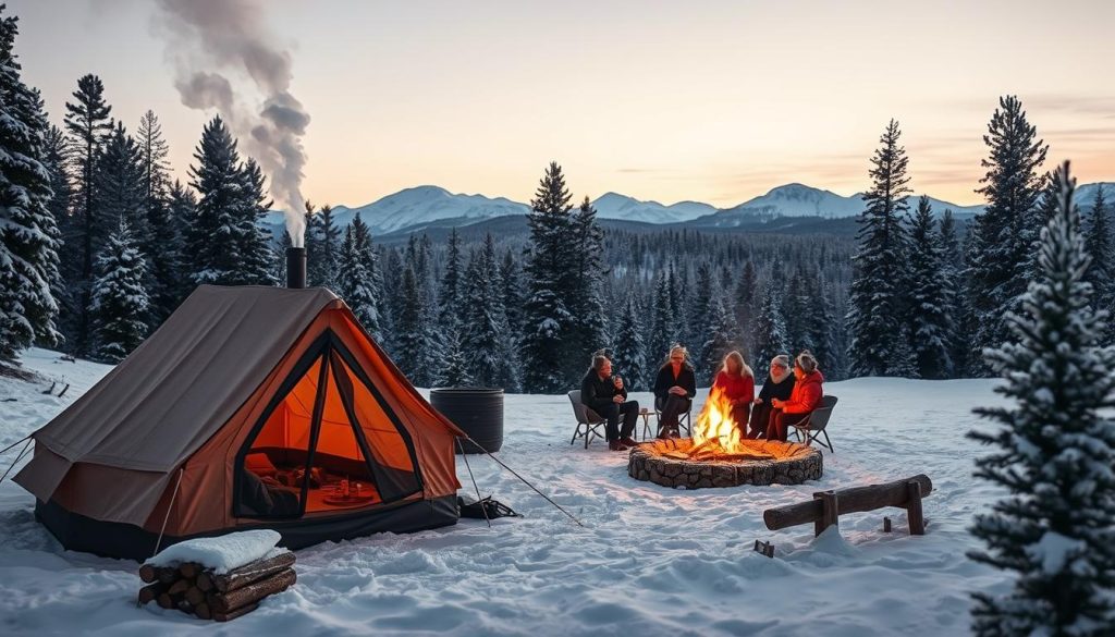 A cozy, winter weekend retreat nestled in a snowy landscape. In the foreground, a warm, well-appointed tent with a plume of smoke from the chimney, surrounded by a ring of freshly chopped firewood. In the middle ground, a group of friends gathered around a crackling fire, sipping hot drinks and sharing laughter. The background features a pine forest dusted in fresh snow, with peaks of distant mountains silhouetted against a pastel sky. Soft, diffused lighting casts a gentle glow over the serene scene, creating an atmosphere of relaxation and rejuvenation.