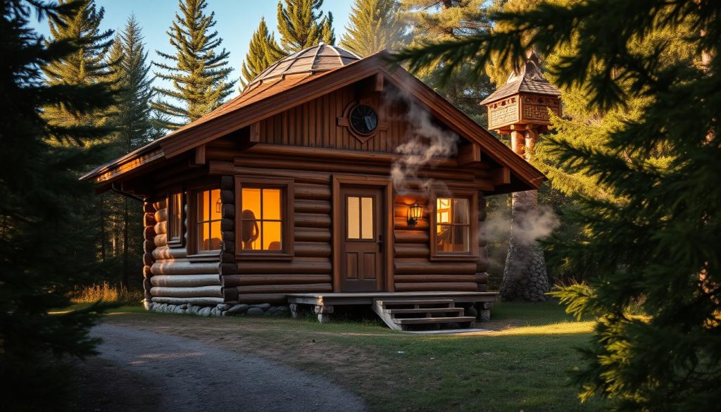 A cozy wooden баня nestled in a lush, forested landscape of the Черкасская region. The exterior features intricate log construction and a traditional domed roof, creating a sense of rustic charm. Warm, golden light spills through the windows, hinting at the inviting atmosphere within. Wispy plumes of steam rise from the chimney, beckoning visitors to step inside and experience the rejuvenating ritual of the Russian bath. The scene is framed by towering pines and a clear, blue sky, conveying a tranquil, serene ambiance. A path winds through the verdant foliage, leading to the entrance of this authentic, time-honored structure.