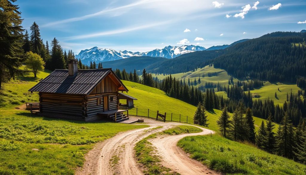 A cozy wooden cottage nestled in the lush, rolling hills of the Ukrainian Carpathians. The home is situated on a gently sloping hillside, surrounded by a patchwork of verdant meadows and dense, evergreen forests. Sunlight filters through the canopy, casting a warm, golden glow on the cottage's weathered, timber facade. A well-maintained dirt road winds its way up to the secluded property, providing easy access for visitors. In the distance, the majestic silhouettes of snow-capped mountain peaks reach towards the azure sky, creating a picturesque and serene backdrop for this charming, rural dwelling.
