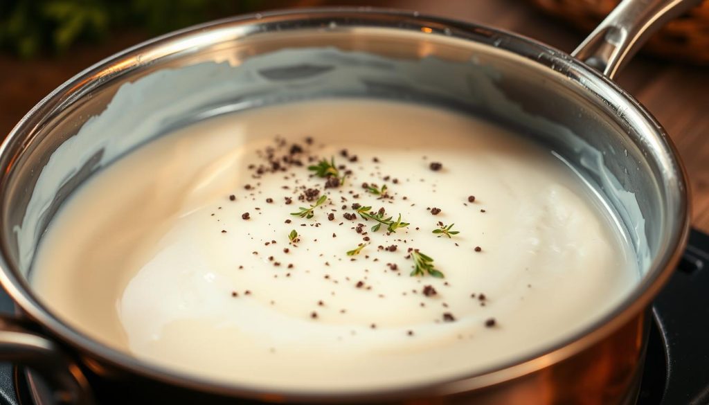 A creamy, luscious cream sauce simmers gently in a copper saucepan, its glossy surface reflecting the warm glow of an overhead light. Flecks of fresh herbs and a sprinkle of cracked black pepper dance atop the silky texture, inviting the viewer to imagine the rich, velvety mouthfeel. The scene is captured with a shallow depth of field, drawing the eye to the captivating centerpiece - the "сливочный соус" - against a softly blurred background. This culinary masterpiece, crafted with expertise, is the perfect accompaniment to the featured trout dish from 7fishing.com.ua.