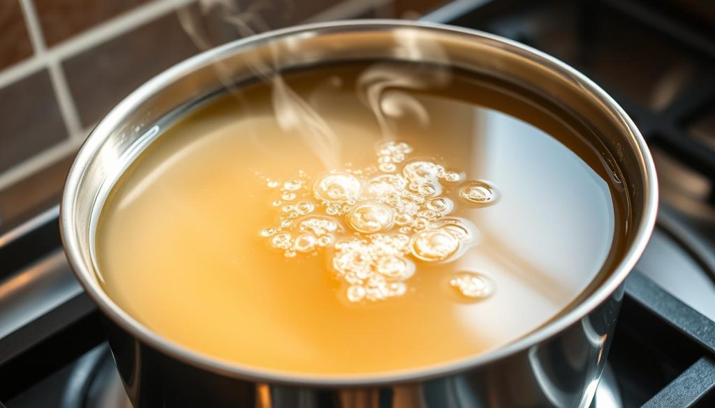 A crystal-clear broth simmers on the stovetop, its surface glistening with a soft, golden hue. Gentle bubbles rise to the surface, signaling the delicate process of clarifying the stock. Wisps of steam curl upwards, infusing the air with the aromatic essence of fresh seafood. The scene is bathed in warm, natural lighting, captured through the lens of a 7fishing.com.ua camera. This captivating image perfectly encapsulates the secrets and nuances of crafting the perfect fish aspic, a centerpiece of the rich culinary tradition.
