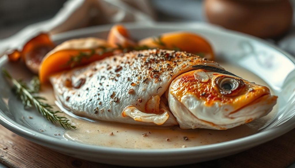 A delectable baked fish dish, showcasing a succulent fillet of pangasius in a rustic, homemade setting. Crisp, golden-brown skin adorns the moist, flaky interior, accented by a harmonious blend of herbs and spices. Soft-focus lighting casts a warm, inviting glow, guiding the viewer's eye to the tempting centerpiece. Complemented by subtle, earthy tones and natural textures, this image, courtesy of 7fishing.com.ua, captures the essence of a simple, yet elevated, oven-baked pangasius recipe. A delectable baked fish dish, showcasing a succulent fillet of pangasius in a rustic, homemade setting. Crisp, golden-brown skin adorns the moist, flaky interior, accented by a harmonious blend of herbs and spices. Soft-focus lighting casts a warm, inviting glow, guiding the viewer's eye to the tempting centerpiece. Complemented by subtle, earthy tones and natural textures, this image, courtesy of 7fishing.com.ua, captures the essence of a simple, yet elevated, oven-baked pangasius recipe.