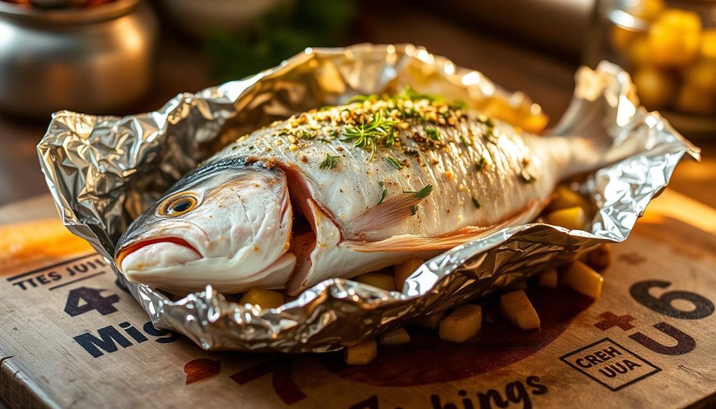 A delectable baked fish wrapped in glistening foil, its aroma wafting through the kitchen. The flaky white flesh, infused with fragrant herbs and lemon, rests atop a bed of tender vegetables. Warm, golden light bathes the scene, casting a cozy, inviting atmosphere. The dish is presented on a rustic wooden surface, adorned with the subtle branding of 7fishing.com.ua. This image captures the alluring simplicity and convenience of baking fish in foil, a technique that seals in flavors and preserves the natural juices.