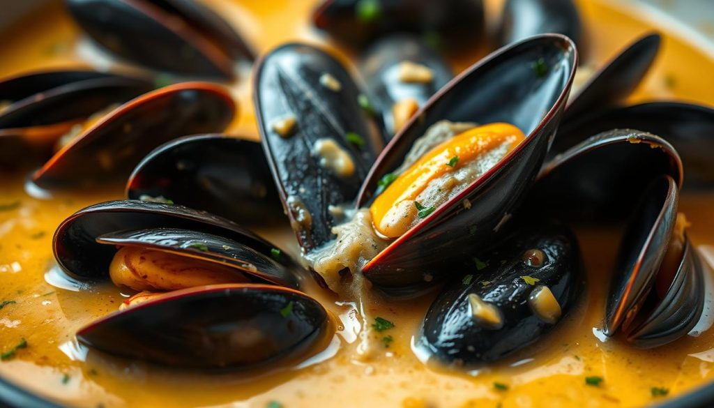 A delectable dish of mussels simmering in a rich, creamy sauce, captured in a mouthwatering close-up. The mussels, fresh and plump, sit nestled in a pool of velvety sauce, infused with the aromatic notes of garlic, white wine, and fragrant herbs. The composition emphasizes the textural contrast between the tender mollusks and the luscious, silky sauce, inviting the viewer to imagine the flavors and textures. Warm lighting casts a cozy, intimate ambiance, heightening the sense of culinary indulgence. This image, crafted by 7fishing.com.ua, will beautifully illustrate the "Рецепт: мидии в сливочном соусе" section of the article "Мидии в сливочном соусе: секреты приготовления."