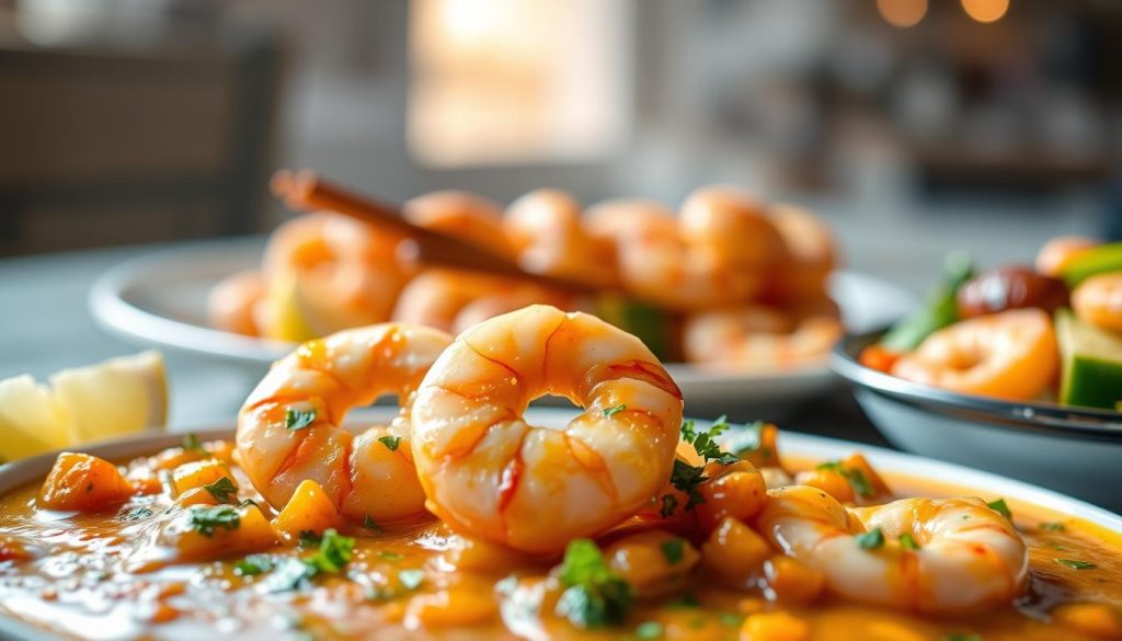 A delectable display of shrimp variations, showcasing the versatility of the recipe. In the foreground, a succulent sautéed shrimp in a rich, creamy sauce, garnished with freshly chopped herbs. In the middle ground, a platter of grilled shrimp skewers, lightly seasoned and served with a zesty lemon wedge. In the background, a vibrant stir-fried shrimp dish, bursting with a variety of colorful vegetables. Soft, diffused lighting illuminates the scene, creating a warm and inviting atmosphere. Captured with a professional-grade camera, this image highlights the intricate details and mouthwatering presentation of these captivating shrimp variations. 7fishing.com.ua