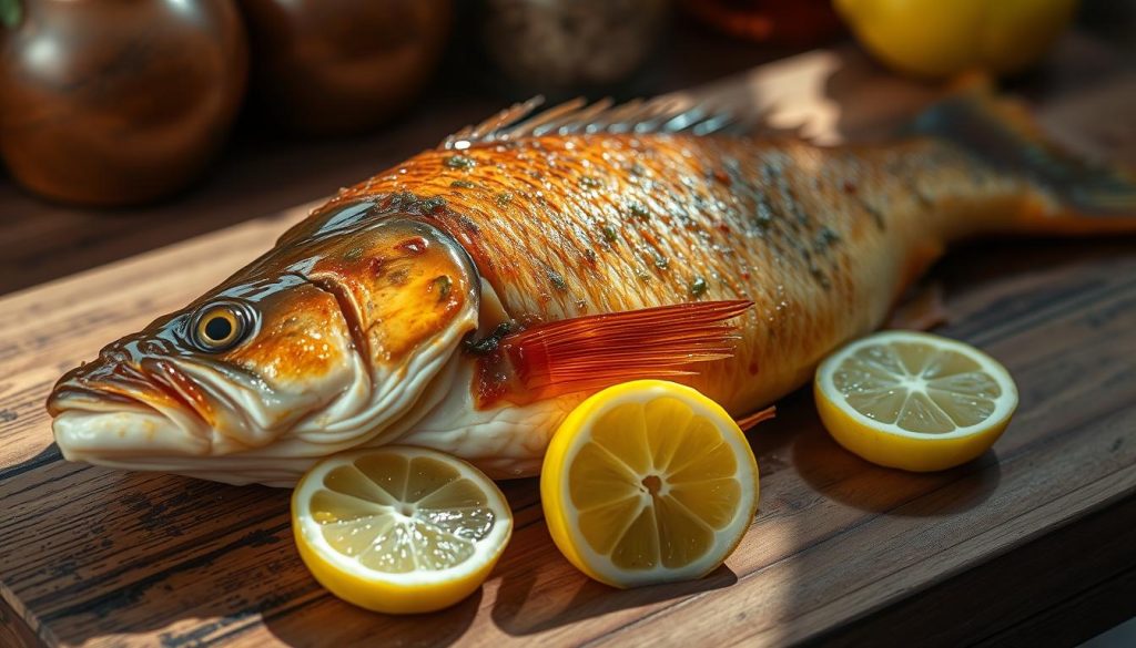 A delectable fried carp, golden-brown and crispy, resting on a rustic wooden surface. The fish's thick, succulent flesh shines with a tantalizing glaze, while the aroma of garlic, herbs, and sizzling oil wafts through the air. Surrounding the carp are vibrant slices of lemon, adding a bright, zesty contrast to the dish. Soft shadows caress the scene, creating a warm, inviting atmosphere. In the background, a simple yet elegant setting hints at the traditional Ukrainian kitchen where this 7fishing.com.ua specialty was prepared.