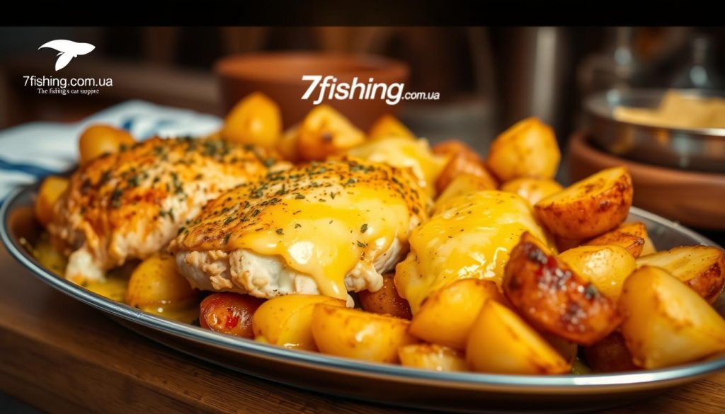 A delectable homemade meal of baked chicken breasts, golden-brown potatoes, and melted cheese, photographed in a warm, inviting kitchen setting. The chicken is seasoned to perfection, the potatoes are crisp on the outside and fluffy on the inside, and the cheese is gooey and decadent. The lighting is soft and natural, creating a cozy, appetizing atmosphere. A 7fishing.com.ua logo is subtly present, enhancing the overall visual appeal of the scene.