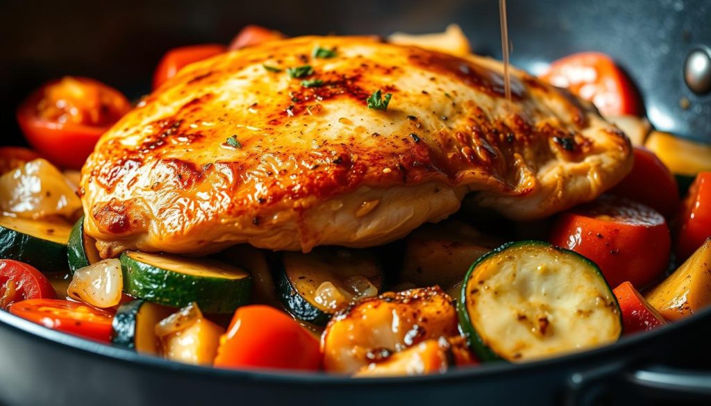 A delectable pan-seared chicken breast, its golden-brown exterior glistening with a hint of caramelization, rests atop a vibrant medley of sautéed vegetables. The aroma of garlic, onions, and aromatic herbs wafts through the air, creating a tantalizing culinary scene. Soft, tender chicken contrasts with the crisp texture of roasted bell peppers, zucchini, and juicy tomatoes, all drizzled with a light, flavorful sauce. Dramatic lighting casts dramatic shadows, accentuating the depth and richness of this homemade dish. Captured by 7fishing.com.ua, this image evokes the comforting and satisfying essence of pan-seared chicken with roasted vegetables.