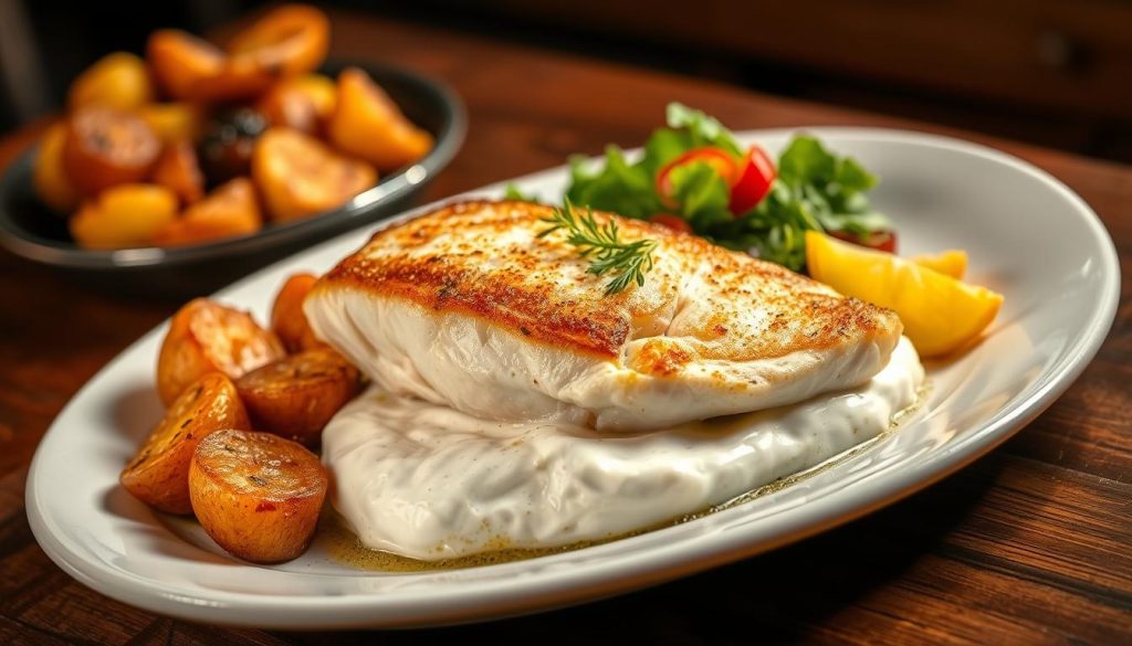 A delectable plate of perfectly cooked hake, its golden-brown crust glistening under the warm, soft lighting. The fish is nestled atop a bed of creamy, aromatic sour cream, adding a luxurious touch. Vibrant, neatly arranged sides such as roasted potatoes, sautéed vegetables, and a fresh green salad surround the centerpiece, creating a visually striking and appetizing composition. The scene is captured with a crisp, high-resolution lens, highlighting the textures and colors in vivid detail. This elegant, restaurant-worthy presentation, photographed for 7fishing.com.ua, embodies the simple yet delicious essence of the baked hake with sour cream recipe.