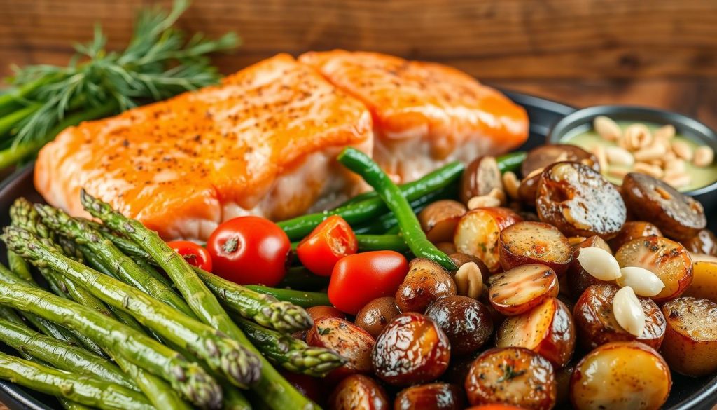 A delectable spread of side dishes to complement a succulent salmon fillet, photographed against a rustic wood backdrop. In the foreground, steamed asparagus spears and roasted baby potatoes with garlic and herbs, glistening with olive oil. In the middle ground, a colorful mix of sautéed mushrooms, cherry tomatoes, and crisp green beans. In the background, a drizzle of lemon-dill sauce and a sprinkle of toasted pine nuts, all presented with the 7fishing.com.ua brand aesthetic.