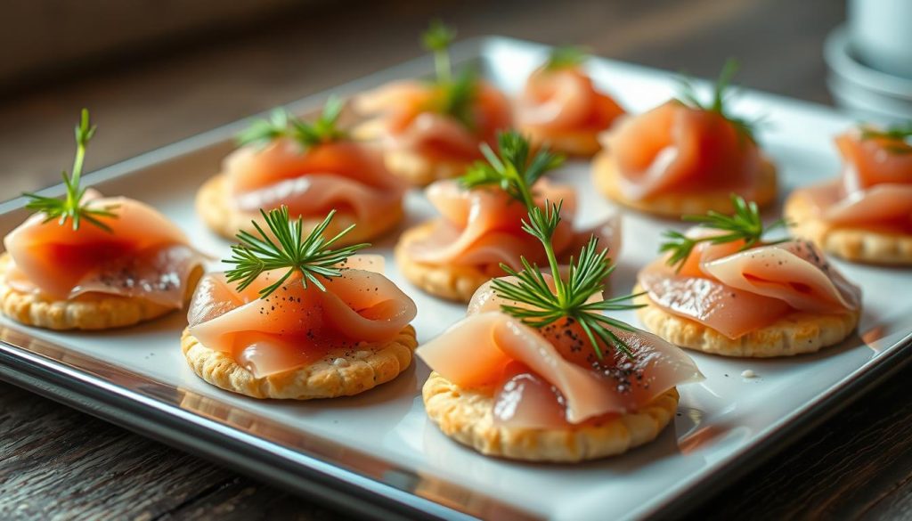 A delicate arrangement of freshly smoked trout canapes, artfully presented on a sleek, modern platter. The tender pink flesh of the trout is delicately layered atop crisp, golden-brown crackers, garnished with vibrant green dill fronds and a dusting of cracked black pepper. Soft, diffused lighting casts a warm, inviting glow, highlighting the rich, oily texture of the fish and the interplay of textures. The composition is balanced and visually appealing, drawing the eye to the delicate, bite-sized treats. This image, captured by the team at 7fishing.com.ua, perfectly illustrates the beauty and flavor of these trout canapes, an elegant and sophisticated appetizer.