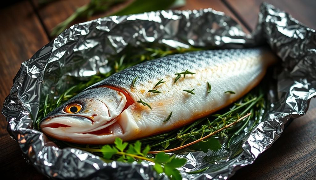 A delicate filet of mackerel gently nestled in a bed of fresh herbs, wrapped in shimmering foil and ready to be baked to perfection. The fish glistens with a hint of olive oil, while aromatic thyme, rosemary, and parsley add depth and complexity to the dish. A high-contrast lighting setup casts dramatic shadows, creating an intimate, rustic atmosphere that evokes the Italian and Flemish culinary traditions. In the background, a weathered wooden surface adds a touch of elegance. This mouthwatering scene, captured by the 7fishing.com.ua team, will inspire your readers to recreate this delectable "рыба в фольге с зеленью" at home.