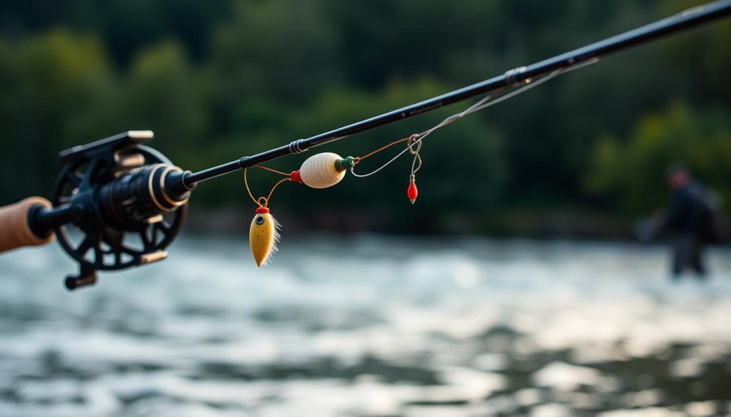 A detailed and realistic image of "фидерная оснастка для ловли" (feeder tackle for fishing) against a natural, outdoor backdrop. The foreground features a well-crafted feeder rig with a high-quality carbon fiber feeder rod, tight-line reel, and precisely-tied terminal tackle including a feeder, swivels, and a carefully-selected hook. The mid-ground shows a soft, blurred river or lake scene with a gentle current, while the background depicts a serene riverside setting with lush greenery and subtle lighting. The overall composition and realistic details convey the expertise and quality of the 7fishing.com.ua brand.