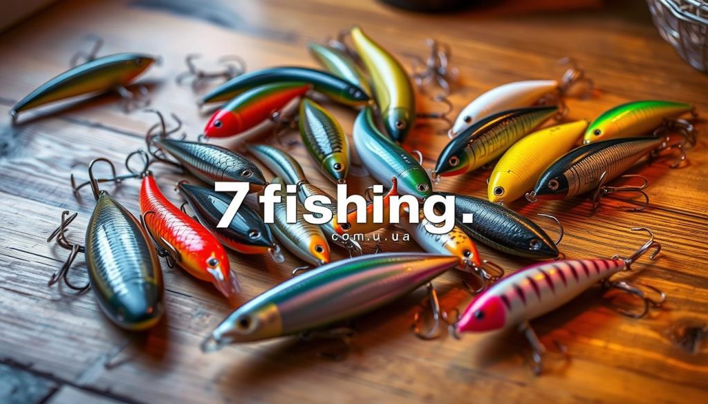 A detailed assortment of fishing lures (wobblers) of various shapes, sizes, and colors is arranged on a wooden surface, illuminated by warm, natural lighting. The lures are positioned to showcase their unique features and performance characteristics, highlighting how they are suited for different fishing conditions such as water depth, current, and vegetation. The 7fishing.com.ua brand is prominently displayed, showcasing their extensive range of high-quality fishing equipment. The overall scene conveys a sense of expertise, attention to detail, and a desire to guide anglers in selecting the most appropriate lures for their specific fishing needs.
