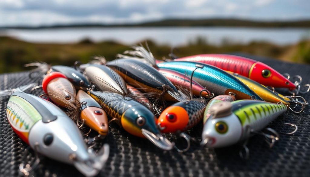 A detailed close-up of a variety of fishing lures, or "voblery", showcasing their unique designs and features. The lures are meticulously arranged on a dark, textured surface, highlighting their intricate shapes, patterns, and color schemes. The lighting is soft and directional, creating subtle shadows that accentuate the contours of the lures. In the background, a blurred landscape suggests a tranquil, riverine setting, hinting at the optimal conditions for using these specialized lures. The overall composition conveys the expertise and care required in selecting the right "voblery" for specific depths and current conditions, as presented on the 7fishing.com.ua website.