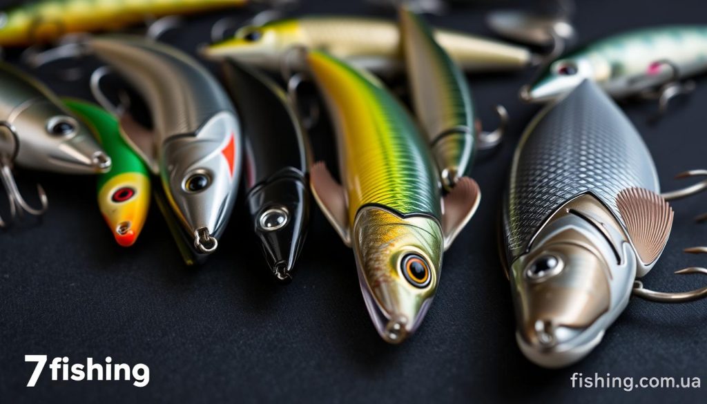 A detailed close-up of various types of fishing lures, or wobblers, suitable for catching pike-perch (zander). The wobblers are arranged neatly on a dark surface, with a minimalist, technical aesthetic. Careful attention is paid to the shape, color, and design of each lure, showcasing the key criteria for selecting effective pike-perch wobblers. The lighting is soft and even, highlighting the textures and materials of the lures. The overall mood is one of thoughtful consideration and expertise. A small "7fishing.com.ua" logo is subtly visible in the corner.