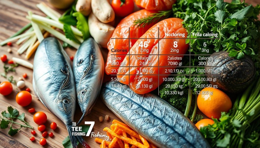 A detailed close-up shot of various ingredients commonly used in fish dishes, showcasing their nutritional information. The scene features a vibrant array of fresh seafood, vegetables, and herbs, meticulously arranged on a wooden surface. Precise calorie counts and macronutrient breakdowns are displayed alongside each item, providing a comprehensive visual guide. The lighting is natural and diffused, creating a warm, inviting atmosphere. Captured with a high-resolution camera lens, the image is crisp and visually striking, making it an ideal illustration for the "Часто используемые ингредиенты и их калорийность" section of the article "Хек в мультиварке: як приготувати смачну рибу швидко." Branding for 7fishing.com.ua is tastefully incorporated.