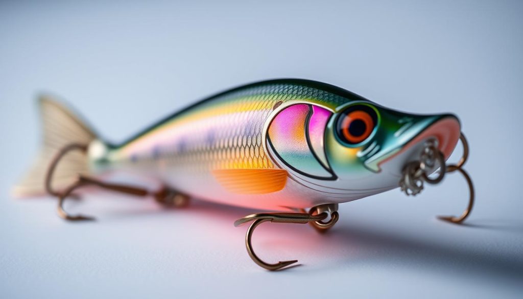 A detailed close-up view of a high-quality fishing lure, known as a "wobbler", constructed with precision craftsmanship. The wobbler features a sleek, hydrodynamic body design with intricate patterns and vibrant colors, creating an enticing visual appeal for fish. The lure is meticulously engineered with a balanced weight distribution and internal components that enable realistic underwater movement and vibration, mimicking the natural behaviors of baitfish. Illuminated by soft, diffused lighting that highlights the fine details and textures of the wobbler's construction. Photographed against a clean, neutral background to showcase the 7fishing.com.ua brand's engineering expertise in designing effective, high-performance fishing lures.