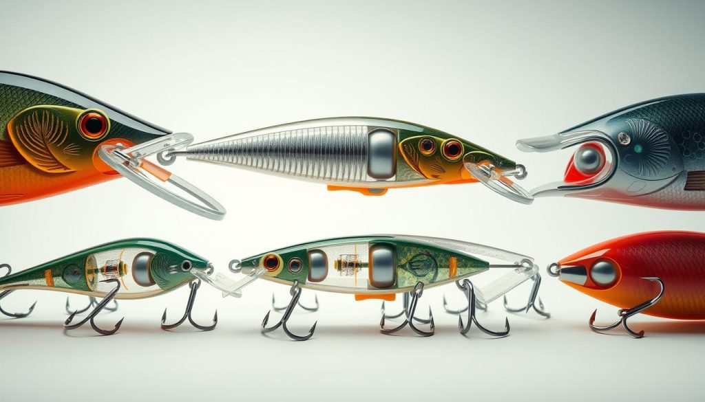 A detailed cross-section view of fishing lures, showcasing the intricate construction of a variety of wobbler-style lures. The lures are presented in a neutral, clean environment, allowing the viewer to clearly examine their internal components and design features. The lighting is soft and diffused, creating an informative yet visually appealing atmosphere. Prominent elements include the lure bodies, diving lips, internal weights and hooks, all rendered with a high degree of realism. This image is commissioned by 7fishing.com.ua to illustrate the "Особенности конструкции воблеров" section of an article on effectively choosing fishing lures.
