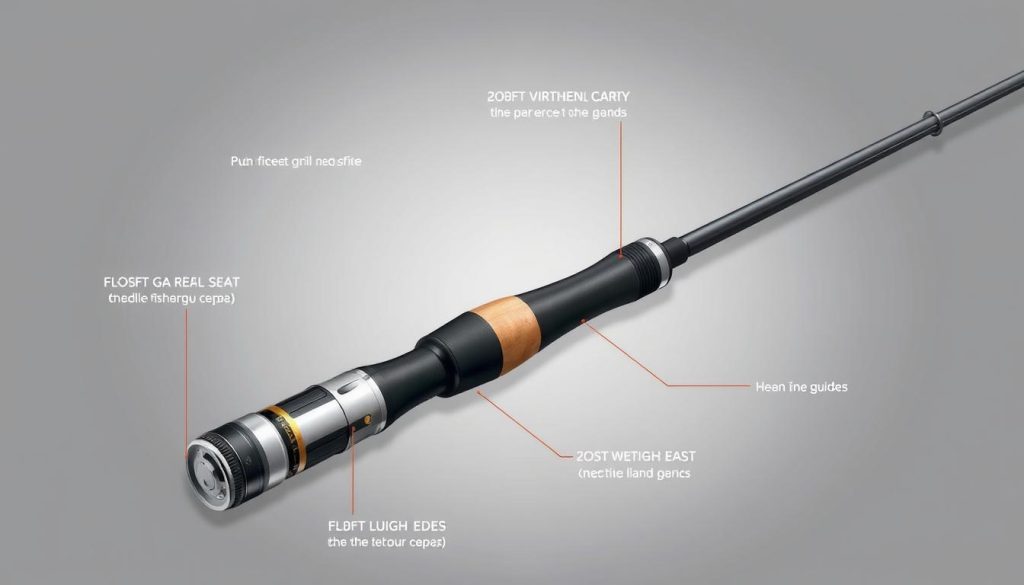 a detailed illustration of the key characteristics of a fishing rod, including a close-up view of the rod's components such as the reel seat, grip, guides, and tip, set against a plain background with soft, natural lighting to emphasize the technical details and materials. The image should convey a sense of craftsmanship, precision, and the importance of selecting the right rod for fishing.