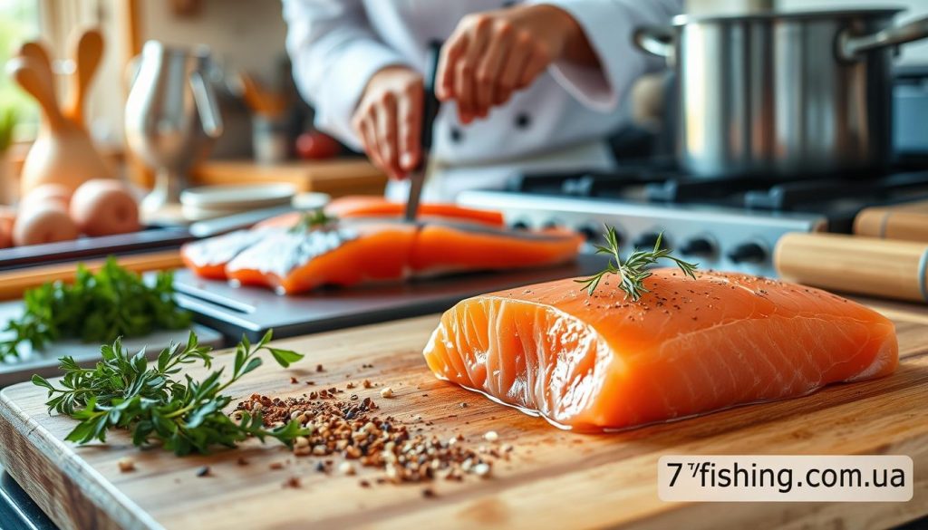 A detailed image of various fish preparation tips and techniques. A wooden cutting board in the foreground with fresh salmon fillets, herbs, and spices. In the middle ground, a chef's hands demonstrating a filleting technique. In the background, various cooking utensils and a stove with a simmering pot. Warm, natural lighting casts a inviting glow. A label in the bottom right corner reads "7fishing.com.ua".