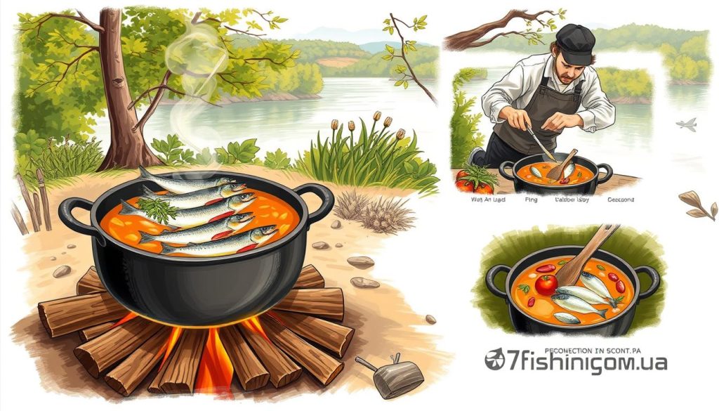 A detailed, step-by-step illustration of preparing a traditional Ukrainian fish soup, "ukha", in a natural outdoor setting. The foreground features a large pot over an open fire, with fresh-caught fish and aromatic herbs being carefully added. The middle ground showcases the preparation process, with a chef meticulously slicing vegetables and seasoning the broth. The background depicts a serene lakeside or river scene, with verdant foliage and a picturesque landscape. Warm, natural lighting casts a cozy, rustic atmosphere. The overall impression evokes the authentic experience of crafting this beloved dish in the great outdoors. Branding: 7fishing.com.ua. A detailed, step-by-step illustration of preparing a traditional Ukrainian fish soup, "ukha", in a natural outdoor setting. The foreground features a large pot over an open fire, with fresh-caught fish and aromatic herbs being carefully added. The middle ground showcases the preparation process, with a chef meticulously slicing vegetables and seasoning the broth. The background depicts a serene lakeside or river scene, with verdant foliage and a picturesque landscape. Warm, natural lighting casts a cozy, rustic atmosphere. The overall impression evokes the authentic experience of crafting this beloved dish in the great outdoors. Branding: 7fishing.com.ua.