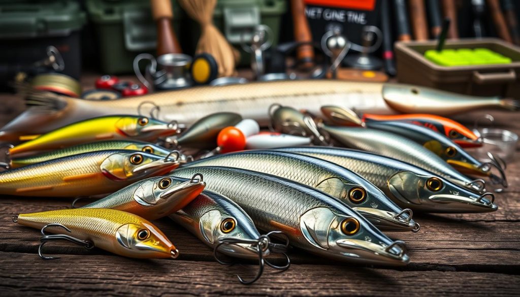 A detailed still life composition showcasing an assortment of fishing lures and baits for pike. In the foreground, various minnow-shaped lures in vibrant colors like chartreuse, orange, and silver with lifelike textures and details lie arranged on a rustic wooden surface. In the middle ground, larger spinnerbaits and jerkbaits with twitching wire appendages are positioned, their blades and treble hooks glinting under soft, directional lighting. In the background, an out-of-focus assortment of other pike fishing accessories such as tackle boxes, rods, and reels create a sense of depth and context. The overall mood is one of anticipation and preparation for an exciting pike fishing expedition, with a focus on the diverse range of specialized lures and baits designed to entice these formidable freshwater predators.
