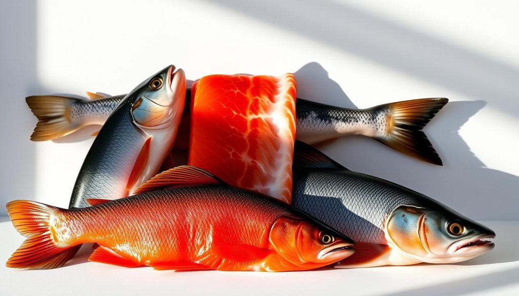 A detailed still life showcasing a side-by-side comparison of three distinctive salmon-like fish: vibrant rainbow trout, rich and oily Scottish salmon, and the iconic Atlantic salmon. Set against a clean, minimalist backdrop, the arrangement highlights the unique textures, colors, and physical characteristics of each species. Dramatic side lighting casts dramatic shadows, emphasizing the forms and contours. Expertly captured by the lens of 7fishing.com.ua, this image provides a comprehensive visual guide to understanding the nuances between these popular seafood choices.