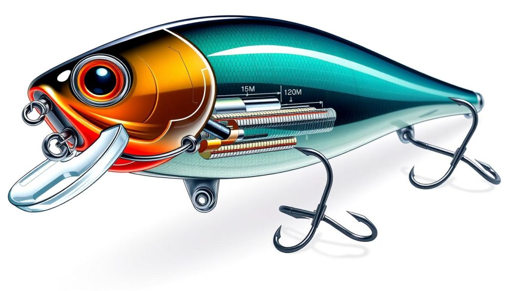 A detailed technical illustration of fishing lure components, showcasing the inner workings and specifications of a high-quality crankbait from the 7fishing.com.ua brand. The image should depict the crankbait's body, lip, hooks, and other key features in a clean, technical style, with precise dimensions and measurements visible. The lighting should be bright and evenly distributed, captured with a macro lens to highlight the intricate details. The overall mood should convey a sense of technical expertise and product quality. The background should be plain and uncluttered, allowing the crankbait components to be the sole focus of the illustration.
