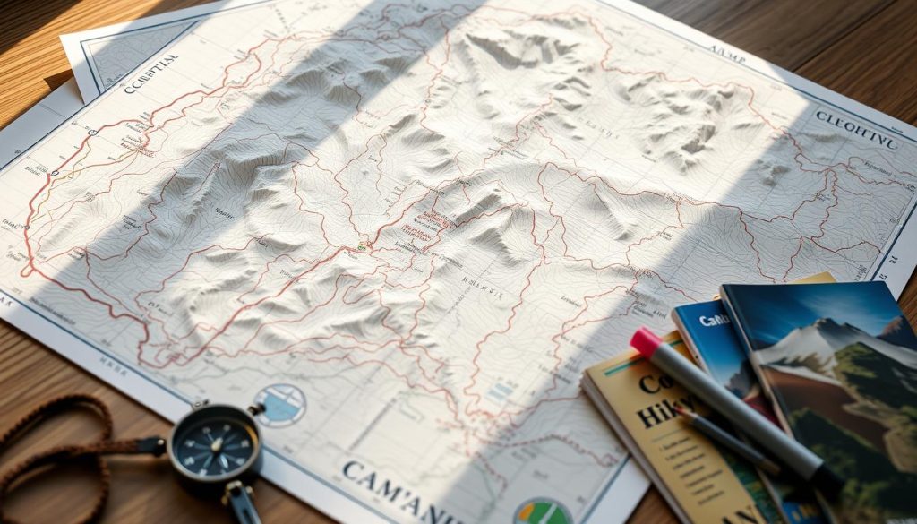 A detailed topographic map of a mountainous region, displayed on a sturdy wooden table. The map shows winding hiking trails, marked campsites, and various points of interest throughout the Carpathian landscape. Soft, natural lighting illuminates the scene, casting warm shadows and highlights across the textured surface. In the foreground, a compass, highlighter, and travel guides lie next to the map, suggesting the planning process for an outdoor adventure. The overall atmosphere evokes a sense of exploration, preparation, and the excitement of an upcoming Carpathian getaway.