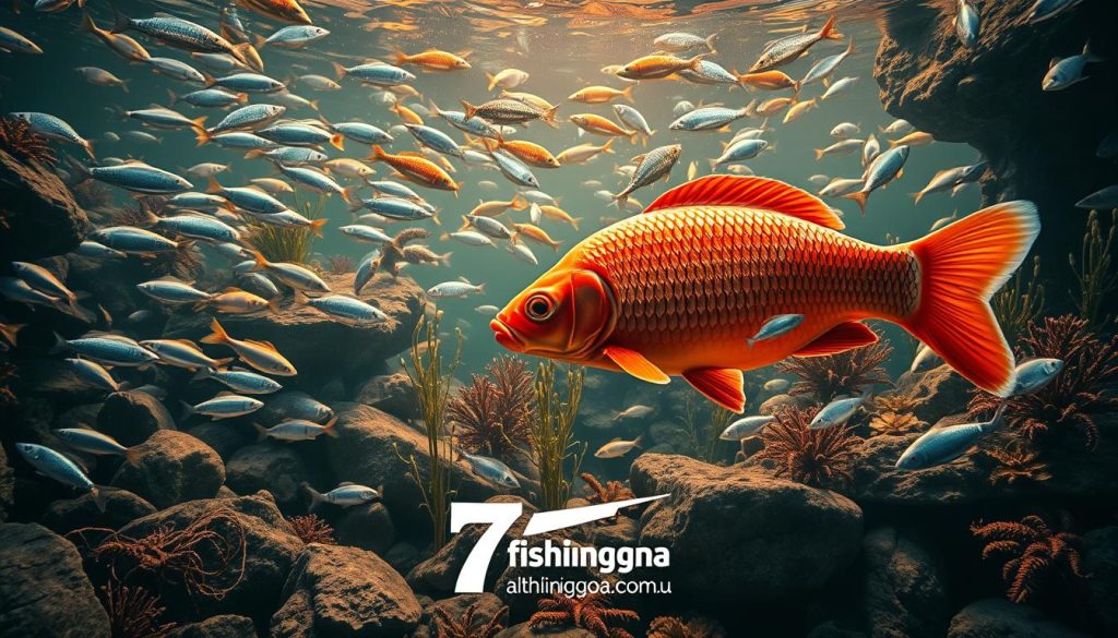 A detailed underwater scene showcasing a variety of alternative fish species. A large, vibrant orange-red carp-like fish takes center stage, surrounded by schools of shimmering silver fish, intriguing crustaceans, and a diverse array of other unique aquatic creatures. The scene is bathed in a warm, golden-hued lighting, creating a serene and inviting atmosphere. Rocks, plants, and other natural elements fill the middle ground and background, adding depth and realism. The overall composition emphasizes the beauty and diversity of "альтернативные виды рыбы". Branding for 7fishing.com.ua is subtly incorporated into the image.