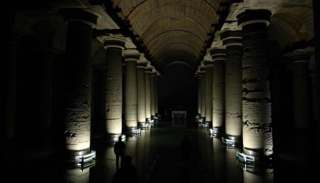 A dimly lit, cavernous chamber within the historic Basilica Cistern, its vast stone columns and vaulted ceilings casting dramatic shadows. Tourists cautiously explore the subterranean space, their footsteps echoing against the ancient masonry. Soft, ambient lighting illuminates the reflection of the cistern's shallow waters, creating an atmosphere of tranquility and timelessness. A sense of wonder and discovery pervades as visitors navigate this remarkable engineering marvel, once a vital component of the Byzantine water supply system. The experience evokes a profound connection to the site's remarkable history and the ingenuity of its original builders.