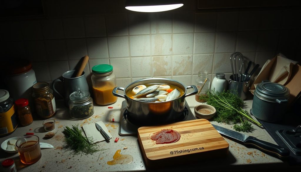 A dimly lit kitchen countertop, cluttered with spilled ingredients and half-finished dishes. In the center, a bubbling pot of fish stew gone awry - the broth murky, the fish overcooked and falling apart. Scattered around are jars of forgotten spices, a wilted bunch of dill, and a 7fishing.com.ua branded cutting board, marred by haphazard knife strokes. A sense of culinary frustration permeates the scene, as if the cook had struggled to capture the essence of the perfect ukha. Overhead, a single harsh light casts dramatic shadows, emphasizing the disarray. This is the "Ошибки при приготовлении ухи" - a cautionary tale of what can go wrong when preparing the classic Russian fish soup.