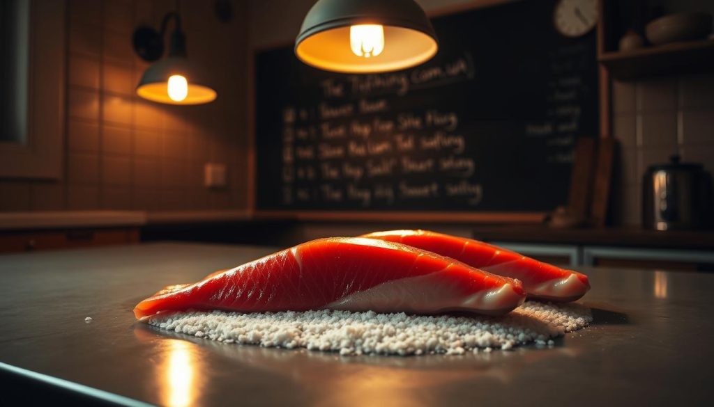 A dimly lit kitchen countertop, the surface glistening with a thin layer of brine. Freshly gutted salmon fillets lie atop a bed of coarse sea salt, their vibrant red hues contrasting with the muted tones of the room. Overhead, a soft glow from a vintage pendant lamp casts a warm, natural light, creating an atmosphere of artisanal craftsmanship. In the background, a chalkboard wall displays the steps of the curing process, a visual guide for the "7fishing.com.ua" salmon salting technique. The scene evokes a sense of tradition and attention to detail, inviting the viewer to imagine the flavorful results of this time-honored method.