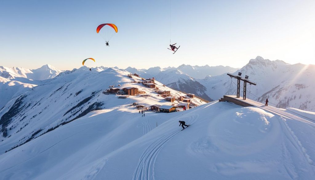 A dramatic aerial view of the snow-capped peaks of Courchevel, France, with adrenaline-fueled athletes engaged in extreme winter sports. In the foreground, skiers and snowboarders carve graceful turns down pristine alpine slopes, while paragliders soar effortlessly through the crisp, clear sky. The middle ground features a thrilling ski jump, with daring athletes catapulting into the air, their bodies locked in perfect form. In the background, the iconic chalet-style architecture of Courchevel's ski resort nestles among the towering mountains, creating a picturesque winter wonderland backdrop. The scene is bathed in the warm, golden light of the afternoon sun, capturing the energy and excitement of this high-altitude adventure destination.