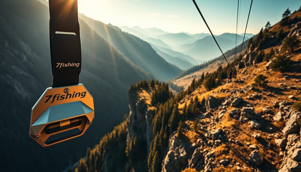 A dramatic landscape of the Carpathian mountains, where the longest bike zip line in the world soars through the air. In the foreground, a sleek 7fishing branded harness and pulley system, gleaming in the sunlight. Riders whizz past, caught in a moment of exhilaration, hair whipping in the wind. The middle ground reveals the steep, rugged terrain, dotted with pine trees and rocky outcrops. In the distance, the iconic peaks of Bukovel rise up, their snow-capped summits casting long shadows. The scene is bathed in warm, golden light, creating a sense of adventure and adrenaline. Technical, cinematic camera angles heighten the drama and scale of this extreme sports experience.