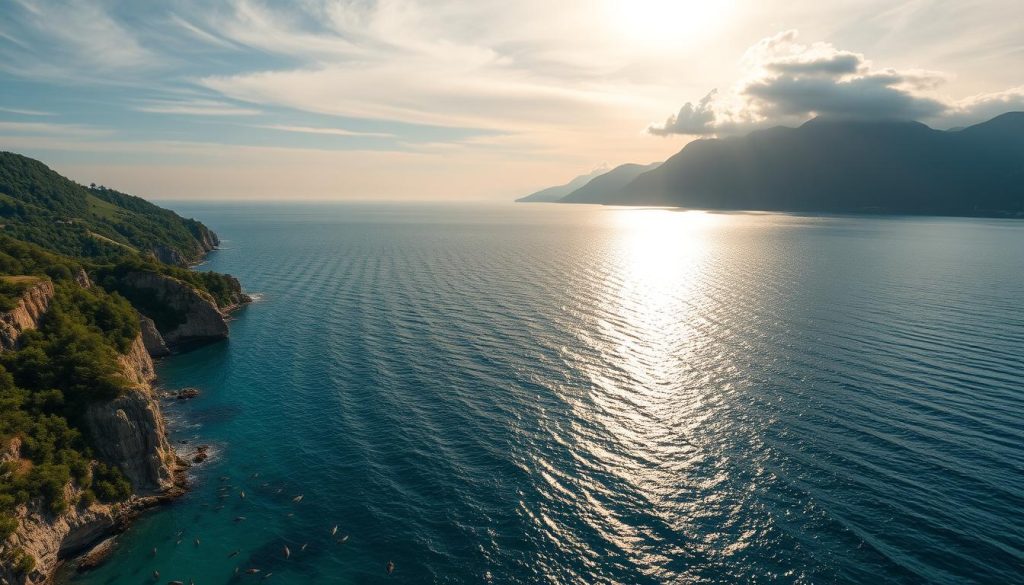 A dramatic panoramic view of the Paleogene sea, a vast expanse of shimmering azure waters stretching to the horizon. In the foreground, rugged limestone cliffs and verdant forests fringe the shoreline, casting dramatic shadows across the gently lapping waves. The middle ground is dominated by a diverse array of marine life, from schools of colorful fish to graceful sea turtles gliding through the current. In the distance, majestic mountains rise up, their peaks shrouded in wispy clouds backlit by a warm golden sunset. The scene evokes a sense of ancient geological time, a window into the dynamic forces that shaped the Carpathian landscape. Captured with a wide-angle lens and dramatic lighting to convey the grandeur and significance of this formative era.