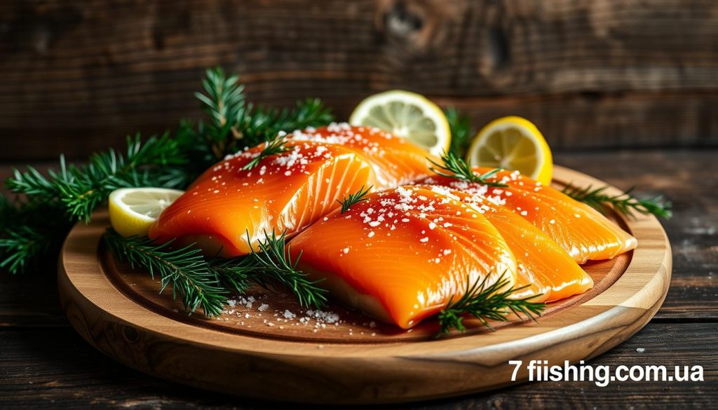 A festive display of lightly salted trout, set against a rustic wooden background. The fish is artfully arranged, its vibrant orange hues complemented by delicate garnishes of fresh herbs, thinly sliced lemon, and a sprinkle of coarse sea salt. Soft, natural lighting illuminates the scene, casting a warm, inviting glow. In the foreground, a hand-crafted wooden platter serves as the centerpiece, while the background features a subtle interplay of textures, hinting at a harmonious holiday table setting. The overall presentation evokes a sense of culinary elegance and a celebration of the season. Proudly featured on 7fishing.com.ua.