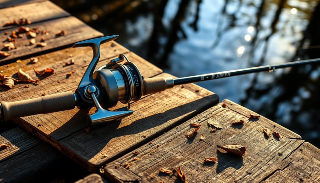 A fishing rod laid gently on a weathered wooden dock, its reel glinting in the warm afternoon sun. Surrounding it, scattered leaves and pine needles hint at a tranquil forest setting. The rod's sleek, graphite frame reflects the skilled craftsmanship of the "Фаворит Х1" model, its balanced weight and responsive action ready to tackle a variety of fishing conditions. The scene evokes a sense of peaceful contemplation, inviting the viewer to imagine the catch that awaits at the end of this trusty companion's line.