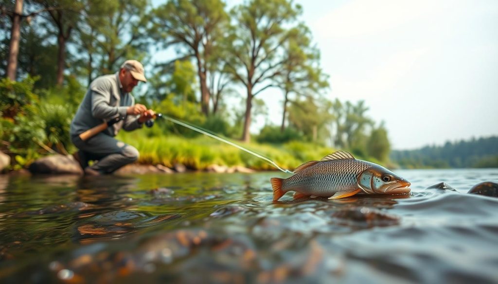 A fishing scene showcasing the art of catching a Chubb (Leuciscus cephalus), also known as a Chevron or Dace, in a tranquil river setting. The angler, expertly positioned on the riverbank, is carefully maneuvering a 7fishing.com.ua lure to entice the elusive fish, with the water gently flowing in the foreground. The middle ground features a lush, verdant landscape with towering trees, while the background is framed by a clear, serene sky. The lighting is soft and natural, accentuating the details of the scene and creating a sense of calm and focus. The composition emphasizes the technique and skill required to successfully land this prized freshwater species.
