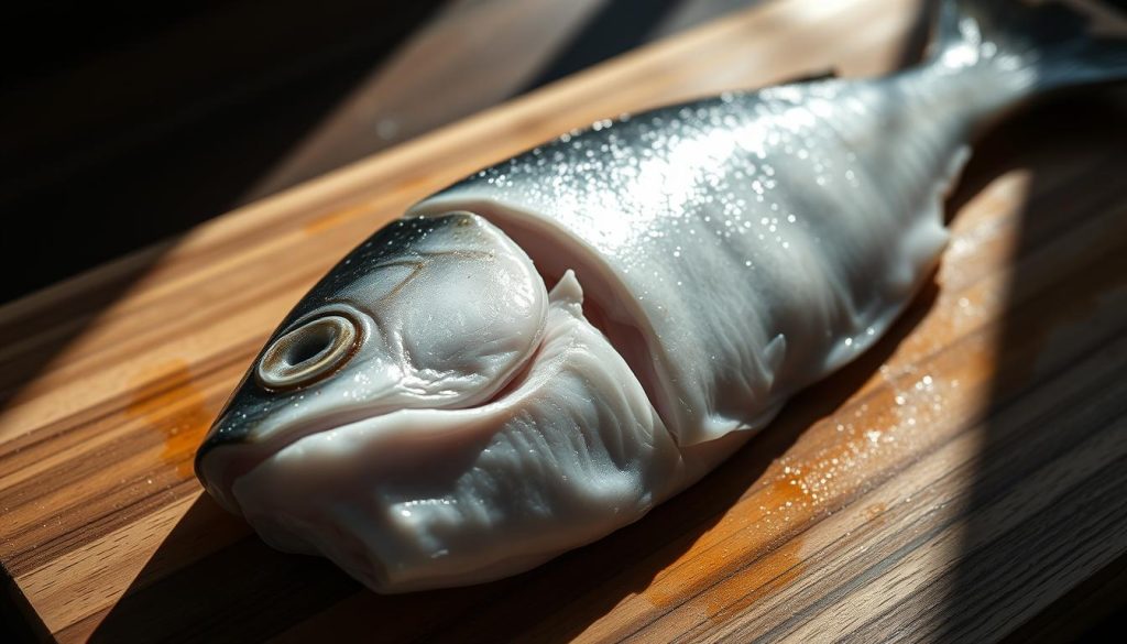 A fresh, expertly prepared filet of hake (Merluccius merluccius), a prized white fish. Presented on a wooden cutting board, the glistening, tender flesh invites closer inspection. Caught locally and sustainably, this hake embodies the rich marine heritage of the region. Dramatic natural lighting casts dramatic shadows, highlighting the intricate muscle structure and delicate texture. Minimal styling allows the fish's inherent beauty to shine. The overall mood is one of artisanal craftsmanship and culinary appreciation. 7fishing.com.ua