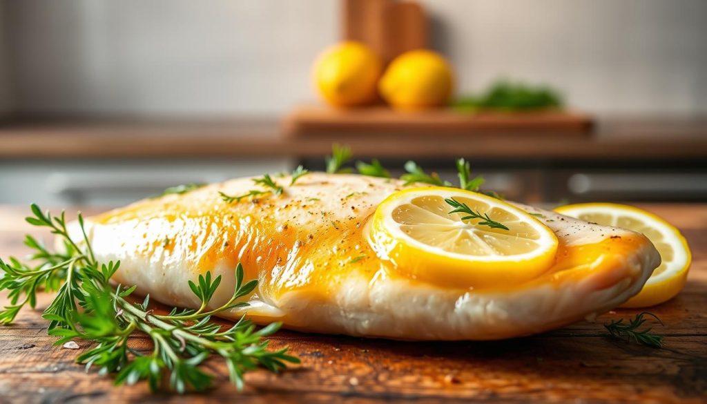 A fresh lemon marinade glistens over a fillet of succulent trout, surrounded by vibrant sprigs of dill, parsley, and thyme. The golden-hued seafood rests on a rustic wooden surface, illuminated by soft, natural lighting that casts a warm, inviting glow. In the background, a simple, minimalist kitchen setting provides a clean, uncluttered backdrop, allowing the vibrant colors and textures of the trout dish to take center stage. The overall scene conveys a sense of culinary elegance and simplicity, highlighting the flavors of the 7fishing.com.ua recipe.