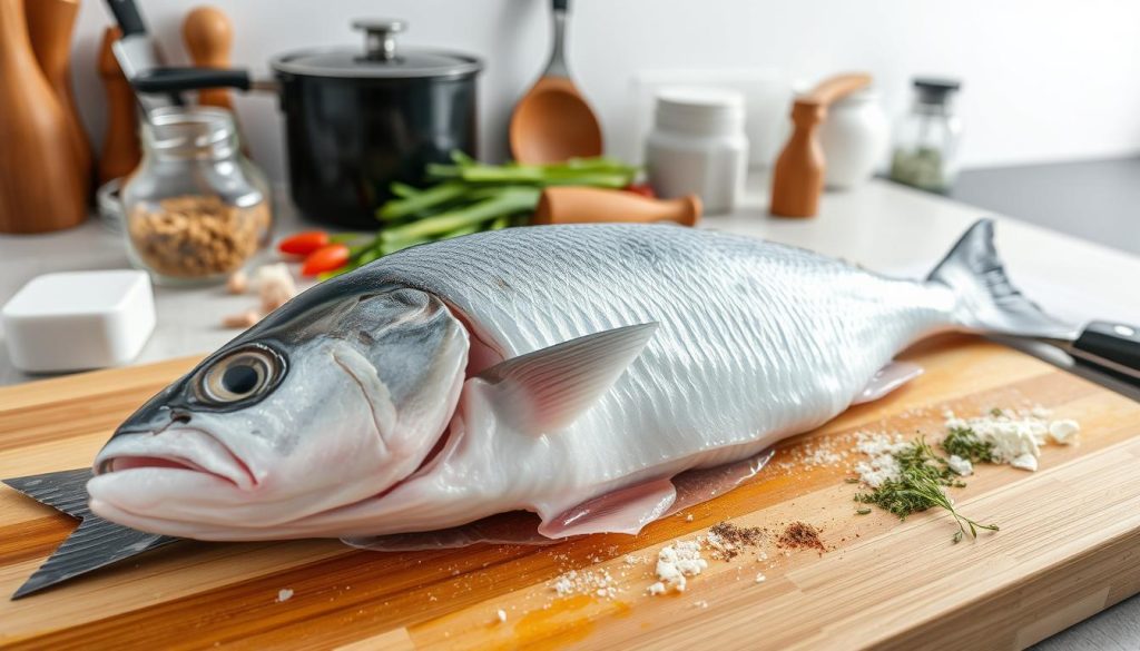 A freshly thawed hake fish rests on a wooden cutting board, surrounded by a variety of kitchen utensils and seasoning. The fish's skin glistens under the warm, soft lighting, and its delicate flesh is exposed, ready for the next step of preparation. In the background, a clean, minimalist kitchen setting provides a calm, uncluttered atmosphere. The overall scene conveys a sense of culinary expertise and care, as if captured by the website "7fishing.com.ua".