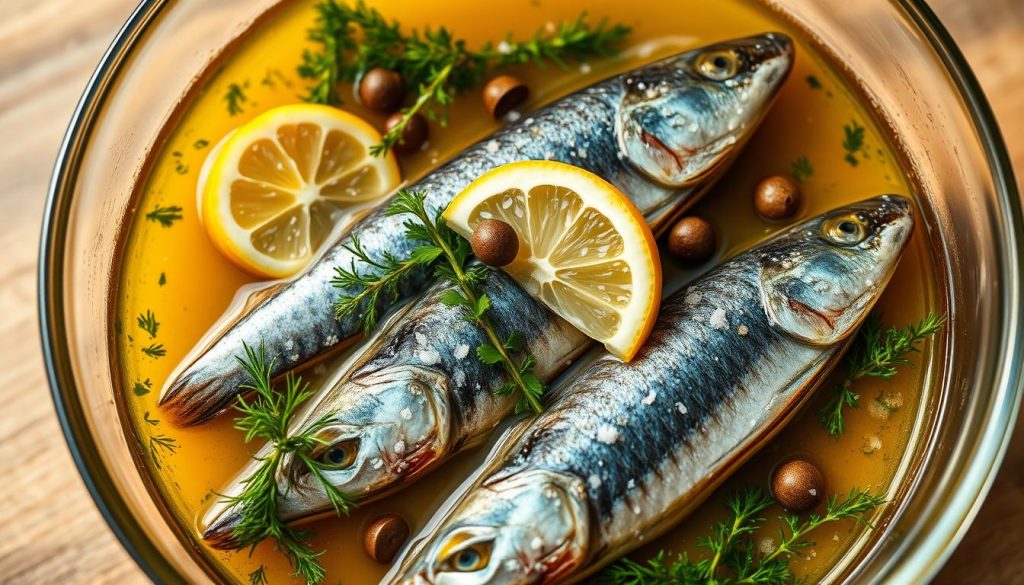 A glass bowl filled with a rich, fragrant marinade for fresh mackerel, the surface glistening with golden olive oil. Aromatic herbs like dill, parsley, and thyme are artfully arranged, their vibrant green hues contrasting with the deep blue-gray of the fish. Sliced lemon wedges add a touch of citrus, while whole peppercorns and a sprinkle of coarse sea salt enhance the flavors. The lighting is soft and warm, creating a calming, appetizing atmosphere. Captured by the skilled lens of 7fishing.com.ua, this image perfectly encapsulates the "идеальный маринад для скумбрии" - the ideal marinade for mackerel.