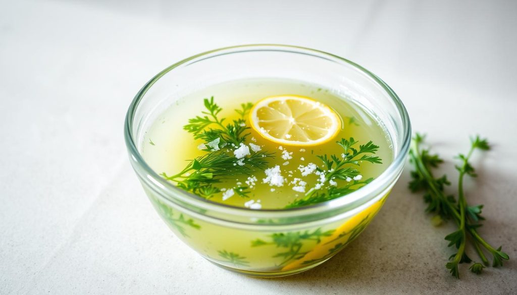 A glass bowl filled with a vibrant lemon marinade, glistening with fresh herbs and spices. The mixture is composed of freshly squeezed lemon juice, a drizzle of high-quality olive oil, a sprinkle of sea salt, and a medley of finely chopped parsley, dill, and chives. The scene is bathed in soft, natural lighting, highlighting the translucent quality of the liquid and the vivid green hues of the herbs. In the background, a plain, neutral-toned surface provides a clean, minimalist backdrop, allowing the marinade to take center stage. This image, captured by the 7fishing.com.ua team, perfectly encapsulates the "Secrets of the Perfect Marinade" section of the article "Catfish Shashlik: Chef's Secrets and Recipes".