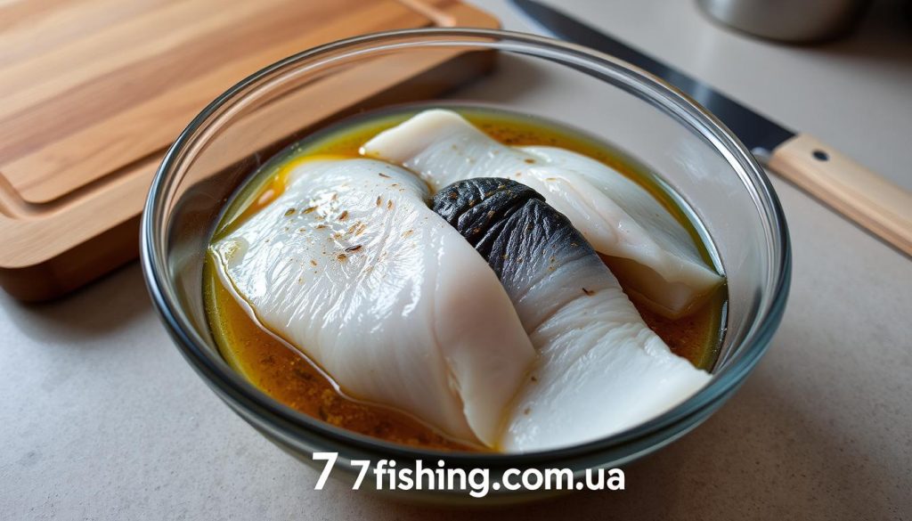 A glass bowl filled with fresh fish fillets, partially submerged in a flavorful marinade. The fish glistens under the warm, soft lighting, revealing its tender texture. In the background, a wooden cutting board and a knife, suggesting the preparation process. A neutral-toned kitchen counter provides a clean, uncluttered setting. The overall atmosphere is one of culinary expertise and attention to detail, evocative of the "Маринование: пошаговый процесс" section. The branding "7fishing.com.ua" is subtly incorporated into the scene.