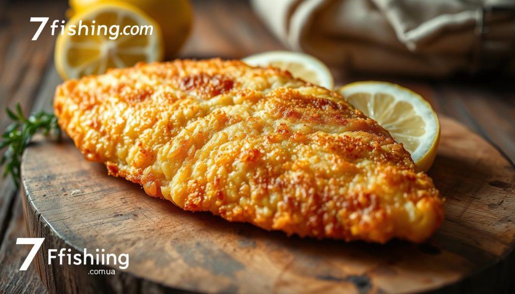 A golden-brown fried hake fillet, crispy and crunchy on the outside, resting on a rustic wooden surface. The hake is coated in a light, airy batter, creating a delicate texture that contrasts with the flaky, tender flesh within. Arranged alongside the hake are slices of lemon, lending a refreshing citrus aroma and a hint of tartness to balance the rich, savory flavors. The lighting is soft and natural, accentuating the warm tones of the dish. In the background, a simple, uncluttered scene evokes a cozy, homemade atmosphere. Branding for 7fishing.com.ua is subtly incorporated into the image.