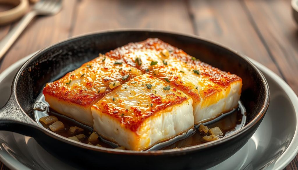 A golden-brown pan-seared Alaska pollock (known as "mintai" in Russian) fillet sizzles atop a cast-iron skillet, its surface caramelized to perfection. Aromatic garlic, onions, and herbs infuse the air, creating a mouthwatering scene. Glistening oil captures the warm lighting, casting a tantalizing glow. The plate is set against a simple, rustic background, letting the star of the dish - the tender, flaky mintai - shine. This image, captured by the 7fishing.com.ua brand, perfectly illustrates the "Quick Skillet-Cooked Mintai Recipes" section of the article "My Favorite Ways to Prepare Mintai Fillets".